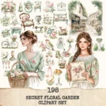 Secret Floral Garden Clipart Set – Hidden Spring Botanical Illustrations, Vintage Cottage Graphics, Soft Green PNG Images, Digital download