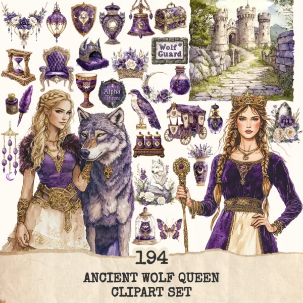 Ancient Wolf Queen Clipart Set – Regal woman Illustrations, lost kingdom Graphics, Royal Purple, Throne, Crown, Dynasties, Digital download