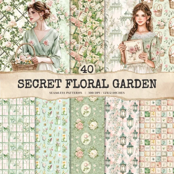 Secret Floral Garden Seamless Patterns, Pink Floral JPEG, Garden Rose, Springtime Pattern, Peony Repeating Pattern, Digital Scrapbook Paper