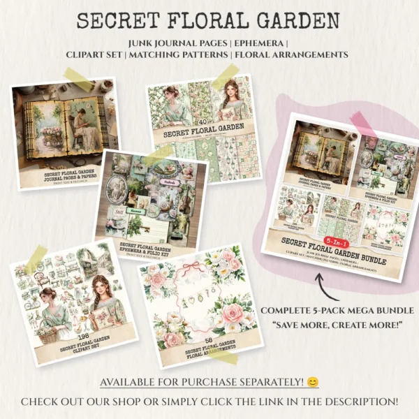 Secret Floral Garden Bundle – Cottagecore Garden Printables, Ephemera, Springtime, Journal, PNG Clipart, Seamless Pattern, Digital Download