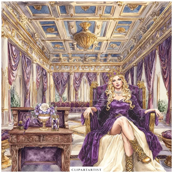 Ancient Wolf Queen Clipart Set – Regal woman Illustrations, lost kingdom Graphics, Royal Purple, Throne, Crown, Dynasties, Digital download