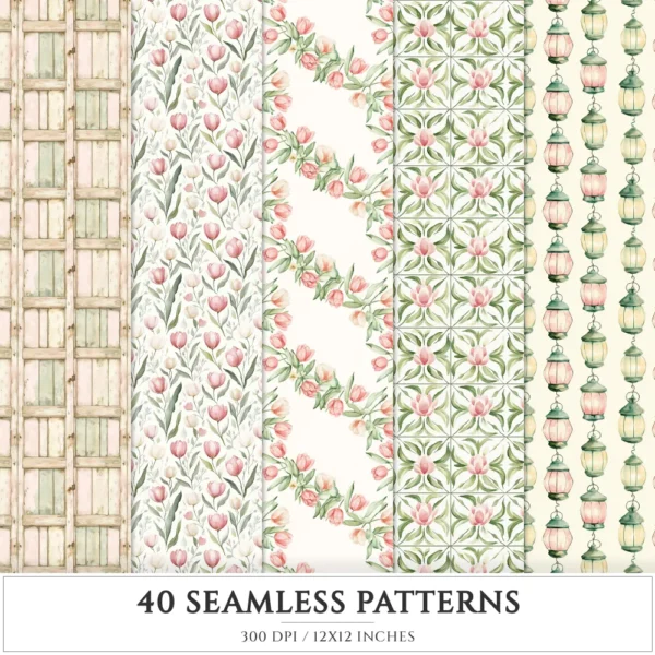 Blush Tulip Letters Seamless Patterns, Tulip Floral JPEG, Springtime, Floral bird Pattern, Cottage Repeating Pattern,Digital Scrapbook Paper
