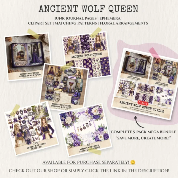 Ancient Wolf Queen Clipart Set – Regal woman Illustrations, lost kingdom Graphics, Royal Purple, Throne, Crown, Dynasties, Digital download