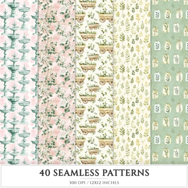 Secret Floral Garden Seamless Patterns, Pink Floral JPEG, Garden Rose, Springtime Pattern, Peony Repeating Pattern, Digital Scrapbook Paper