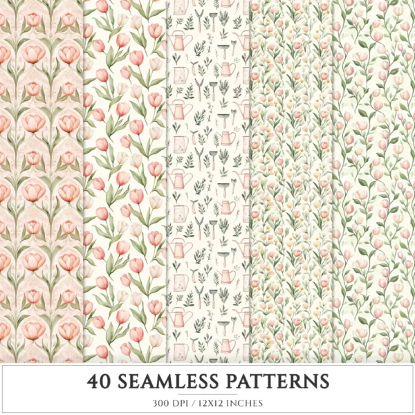 Blush Tulip Letters Seamless Patterns, Tulip Floral JPEG, Springtime, Floral bird Pattern, Cottage Repeating Pattern,Digital Scrapbook Paper