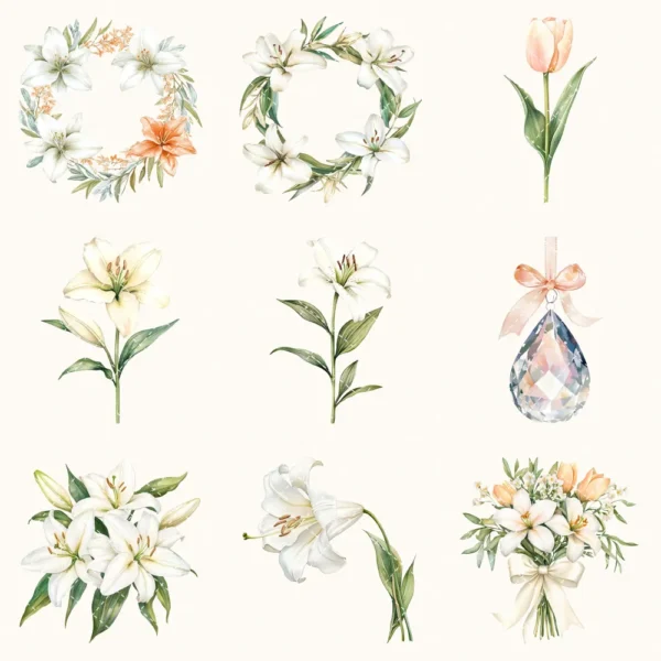 Easter Dawn Floral Arrangements, Peach Floral PNG, White Lily Bouquet, Peach Tulip Flower Art, Floral Decor, Ornaments, Digital download