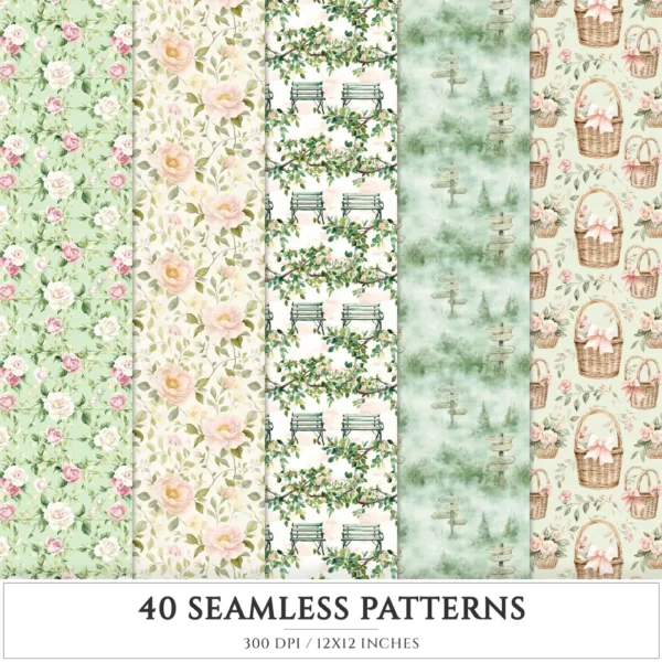 Secret Floral Garden Seamless Patterns, Pink Floral JPEG, Garden Rose, Springtime Pattern, Peony Repeating Pattern, Digital Scrapbook Paper