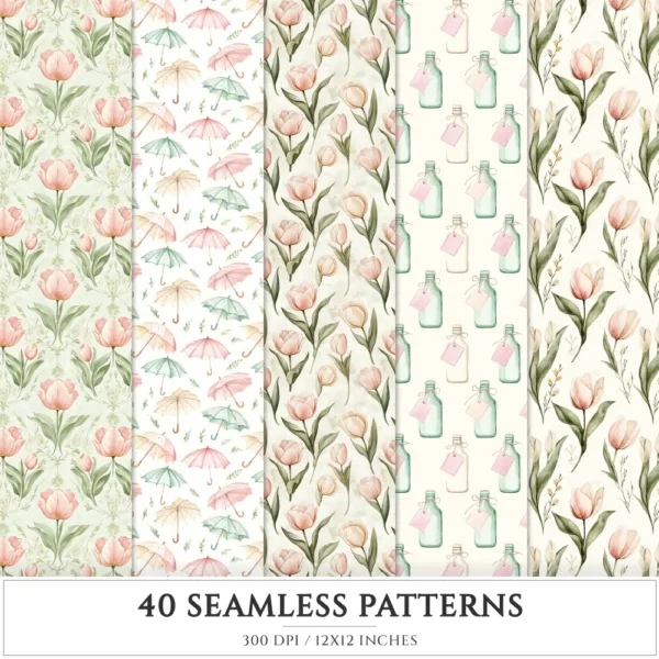 Blush Tulip Letters Seamless Patterns, Tulip Floral JPEG, Springtime, Floral bird Pattern, Cottage Repeating Pattern,Digital Scrapbook Paper