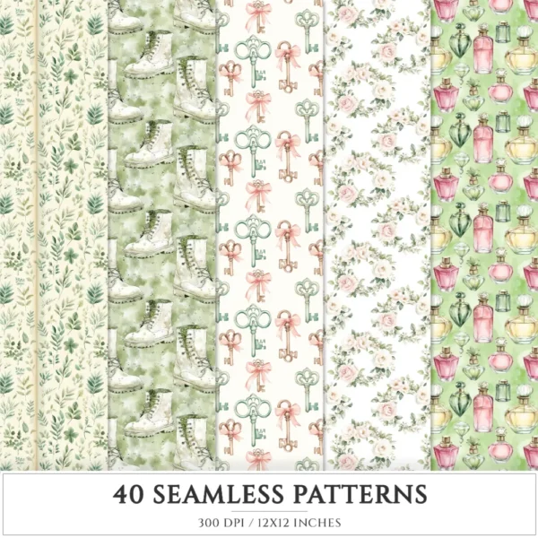 Secret Floral Garden Seamless Patterns, Pink Floral JPEG, Garden Rose, Springtime Pattern, Peony Repeating Pattern, Digital Scrapbook Paper