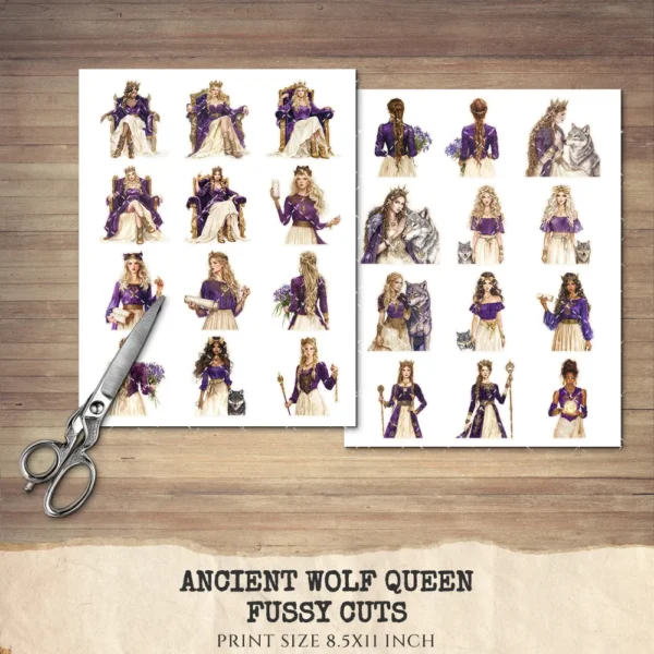 Ancient Wolf Queen Clipart Set – Regal woman Illustrations, lost kingdom Graphics, Royal Purple, Throne, Crown, Dynasties, Digital download