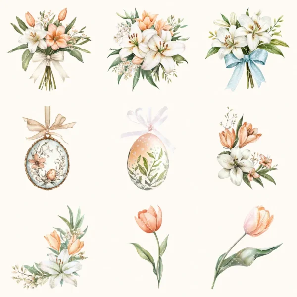 Easter Dawn Floral Arrangements, Peach Floral PNG, White Lily Bouquet, Peach Tulip Flower Art, Floral Decor, Ornaments, Digital download