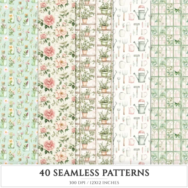 Secret Floral Garden Seamless Patterns, Pink Floral JPEG, Garden Rose, Springtime Pattern, Peony Repeating Pattern, Digital Scrapbook Paper