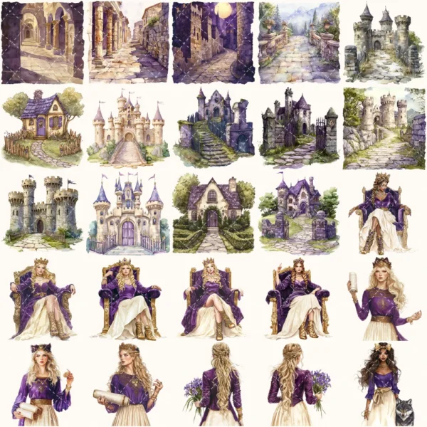 Ancient Wolf Queen Clipart Set – Regal woman Illustrations, lost kingdom Graphics, Royal Purple, Throne, Crown, Dynasties, Digital download