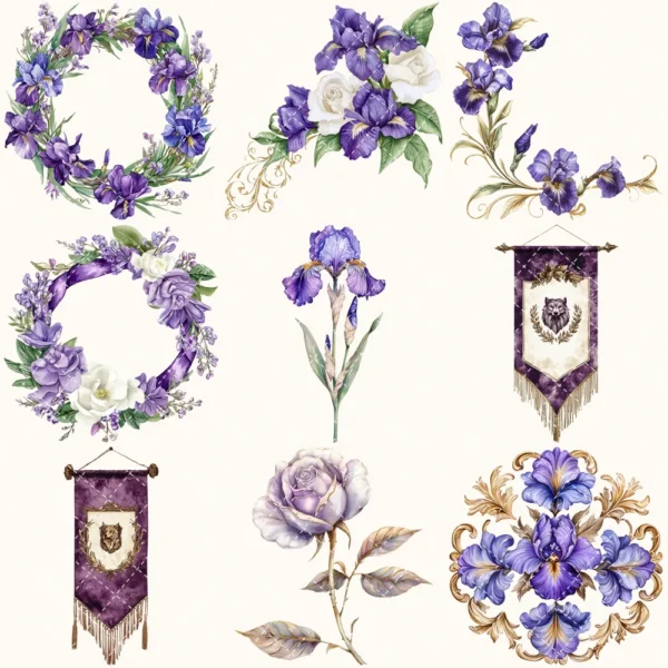 Ancient Wolf Queen Floral Arrangements, Purple Iris Floral PNG, White Rose Bouquet, Flower Art, Ancient Decor, Ornaments, Digital download
