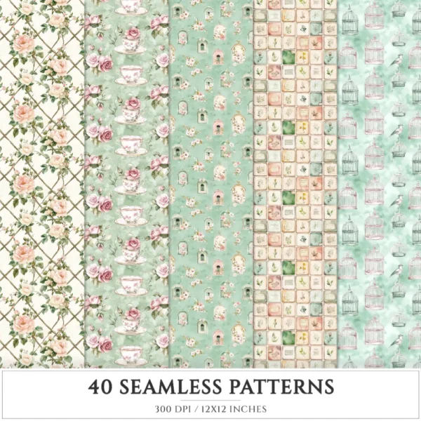 Secret Floral Garden Seamless Patterns, Pink Floral JPEG, Garden Rose, Springtime Pattern, Peony Repeating Pattern, Digital Scrapbook Paper