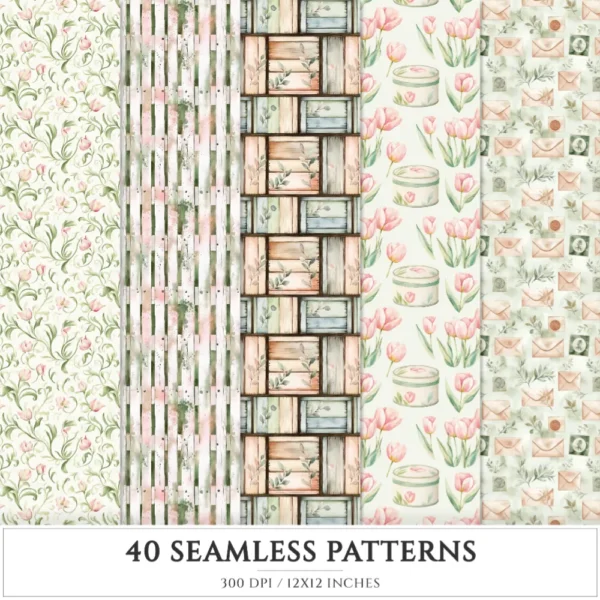 Blush Tulip Letters Seamless Patterns, Tulip Floral JPEG, Springtime, Floral bird Pattern, Cottage Repeating Pattern,Digital Scrapbook Paper