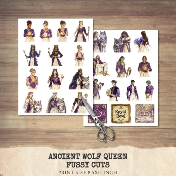 Ancient Wolf Queen Clipart Set – Regal woman Illustrations, lost kingdom Graphics, Royal Purple, Throne, Crown, Dynasties, Digital download