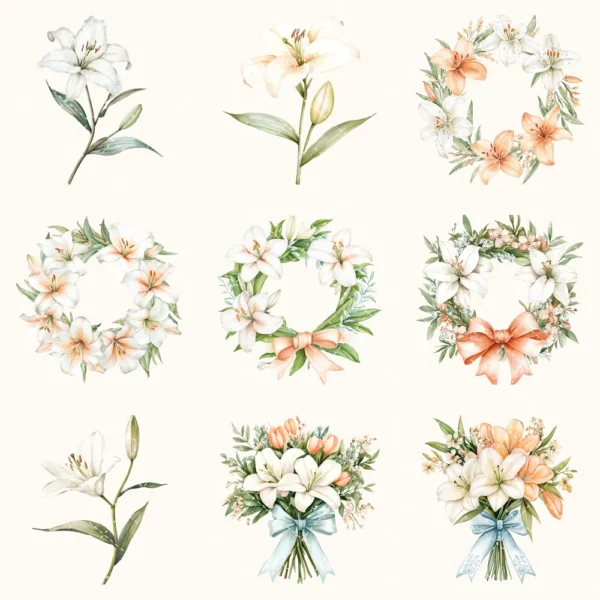 Easter Dawn Floral Arrangements, Peach Floral PNG, White Lily Bouquet, Peach Tulip Flower Art, Floral Decor, Ornaments, Digital download