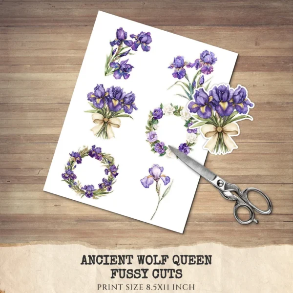 Ancient Wolf Queen Floral Arrangements, Purple Iris Floral PNG, White Rose Bouquet, Flower Art, Ancient Decor, Ornaments, Digital download