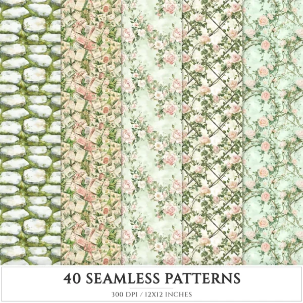 Secret Floral Garden Seamless Patterns, Pink Floral JPEG, Garden Rose, Springtime Pattern, Peony Repeating Pattern, Digital Scrapbook Paper