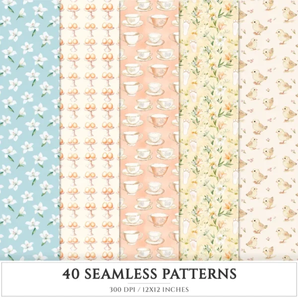 Easter Dawn Seamless Patterns, Peach Floral JPEG, Pastel Easter, Springtime Pattern, White Lily Repeating Pattern, Digital Scrapbook Paper