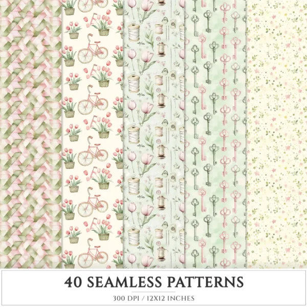 Blush Tulip Letters Seamless Patterns, Tulip Floral JPEG, Springtime, Floral bird Pattern, Cottage Repeating Pattern,Digital Scrapbook Paper