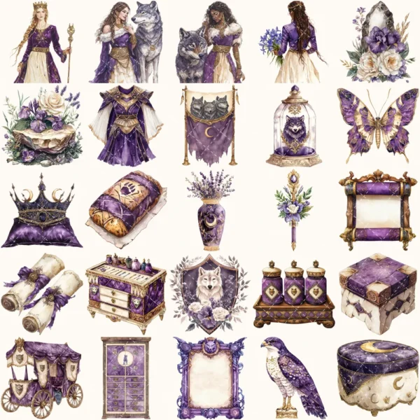 Ancient Wolf Queen Clipart Set – Regal woman Illustrations, lost kingdom Graphics, Royal Purple, Throne, Crown, Dynasties, Digital download