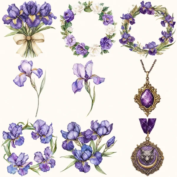 Ancient Wolf Queen Floral Arrangements, Purple Iris Floral PNG, White Rose Bouquet, Flower Art, Ancient Decor, Ornaments, Digital download