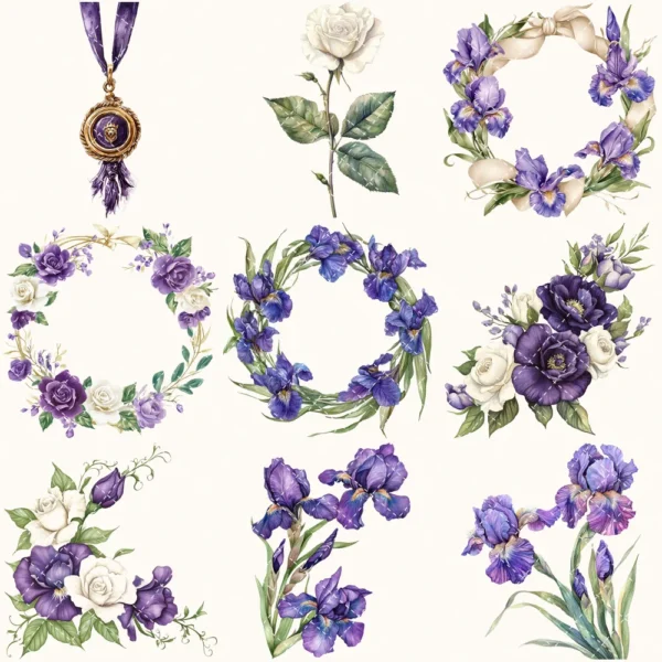Ancient Wolf Queen Floral Arrangements, Purple Iris Floral PNG, White Rose Bouquet, Flower Art, Ancient Decor, Ornaments, Digital download
