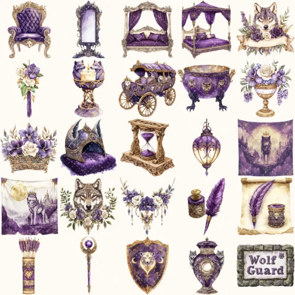 Ancient Wolf Queen Clipart Set – Regal woman Illustrations, lost kingdom Graphics, Royal Purple, Throne, Crown, Dynasties, Digital download