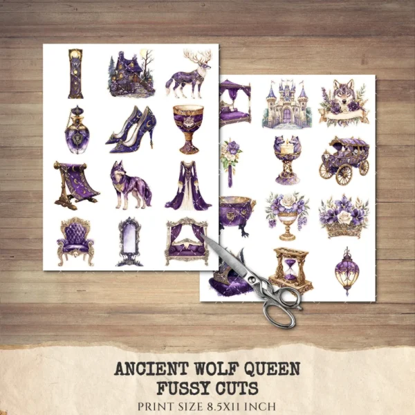 Ancient Wolf Queen Clipart Set – Regal woman Illustrations, lost kingdom Graphics, Royal Purple, Throne, Crown, Dynasties, Digital download
