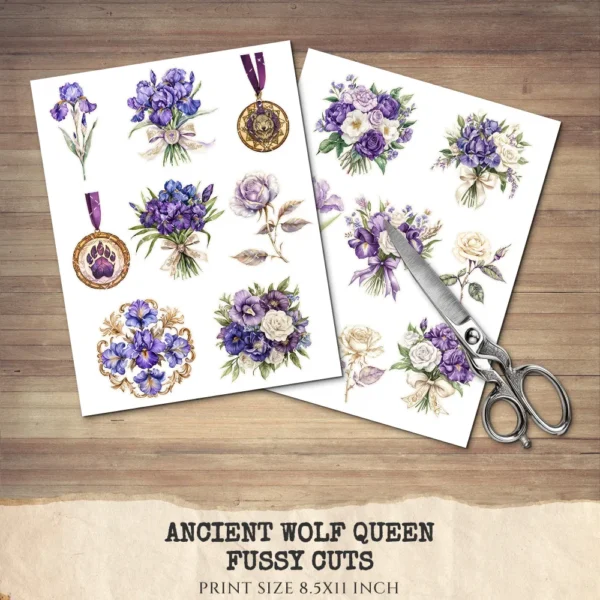 Ancient Wolf Queen Floral Arrangements, Purple Iris Floral PNG, White Rose Bouquet, Flower Art, Ancient Decor, Ornaments, Digital download