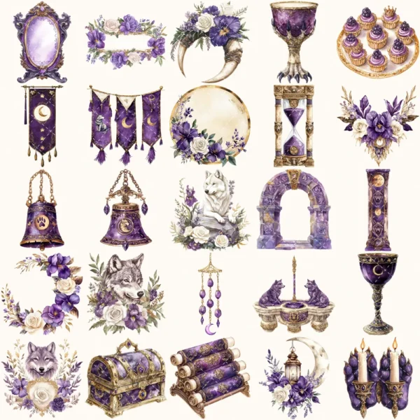 Ancient Wolf Queen Clipart Set – Regal woman Illustrations, lost kingdom Graphics, Royal Purple, Throne, Crown, Dynasties, Digital download