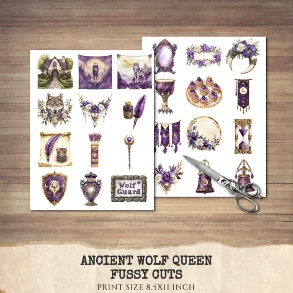 Ancient Wolf Queen Clipart Set – Regal woman Illustrations, lost kingdom Graphics, Royal Purple, Throne, Crown, Dynasties, Digital download