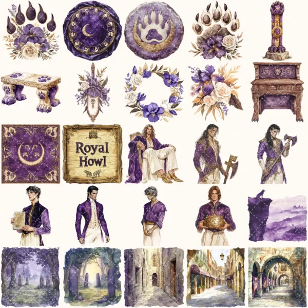 Ancient Wolf Queen Clipart Set – Regal woman Illustrations, lost kingdom Graphics, Royal Purple, Throne, Crown, Dynasties, Digital download