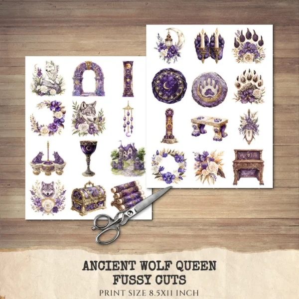Ancient Wolf Queen Clipart Set – Regal woman Illustrations, lost kingdom Graphics, Royal Purple, Throne, Crown, Dynasties, Digital download