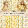 Honey Petal Archive Seamless Patterns, Springtime JPEG, Peony Pattern, Bee, Polka, Honeycomb Repeating Pattern, Digital Scrapbook Paper