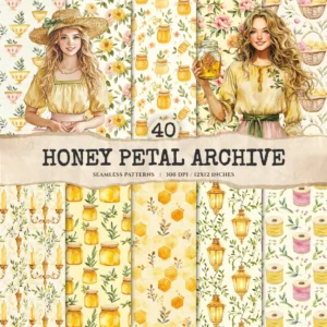 Honey Petal Archive Seamless Patterns, Springtime JPEG, Peony Pattern, Bee, Polka, Honeycomb Repeating Pattern, Digital Scrapbook Paper