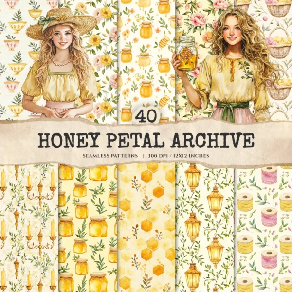 Honey Petal Archive Seamless Patterns, Springtime JPEG, Peony Pattern, Bee, Polka, Honeycomb Repeating Pattern, Digital Scrapbook Paper