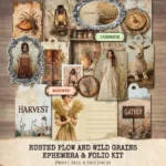 Rusted Plow and Wild Grains Ephemera & Folio Kit – Rustic Farm Harvest, Neutral Farmhouse Printables, Vintage Tags, Kits, Digital Download