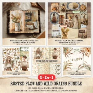 Rusted Plow and Wild Grains Mega Bundle – Rustic Farm Harvest Printables, Ephemera, Journal, PNG Clipart, Seamless Pattern, Digital Download
