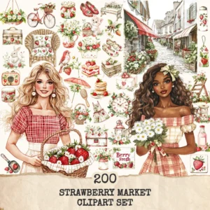 Strawberry Market Clipart Set – Spring Fruit Illustrations, Garden Berry Graphics, Cheerful Springtime, Strawberry Blossom, Digital download
