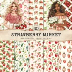 Strawberry Market Seamless Patterns, Spring Fruit JPEG, Strawberry Blossom Pattern, Fruit, Spring Repeating Pattern, Digital Scrapbook Paper