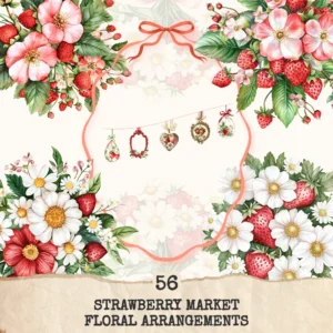 Strawberry Market Floral Arrangements, Spring Fruit PNG, Daisy Bouquet, Strawberry Blossom Art, Floral Decor, Ornaments, Digital download