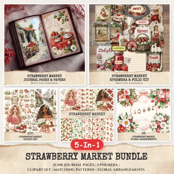 Strawberry Market Mega Bundle – Spring Fruit Printables, Ephemera, Journal, Fruit Market PNG Clipart, Seamless Pattern, Digital Download