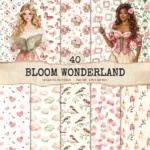 Bloom Wonderland Seamless Patterns, Dreamy Floral JPEG, Rose Pink Pattern, Lantern, Bunny, Spring Repeating Pattern, Digital Scrapbook Paper