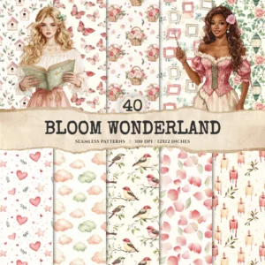 Bloom Wonderland Seamless Patterns, Dreamy Floral JPEG, Rose Pink Pattern, Lantern, Bunny, Spring Repeating Pattern, Digital Scrapbook Paper