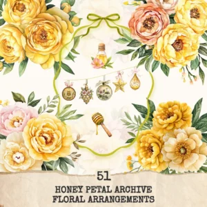 Honey Petal Archive Floral Arrangements, Peony Floral PNG, Yellow Peony Bouquet, Spring Flower Art, Floral Decor, Ornaments,Digital download