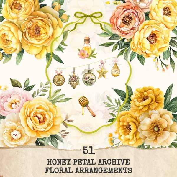 Honey Petal Archive Floral Arrangements, Peony Floral PNG, Yellow Peony Bouquet, Spring Flower Art, Floral Decor, Ornaments,Digital download
