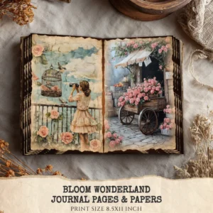Bloom Wonderland Junk Journal Pages & Papers – Dreamy Floral, Springtime, Rose Pink Printable, Romantic Floral Scrapbook, Digital Download